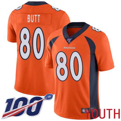 Youth Denver Broncos #80 Jake Butt Orange Team Color Vapor Untouchable Limited Player 100th Season Football NFL Jersey->youth nfl jersey->Youth Jersey